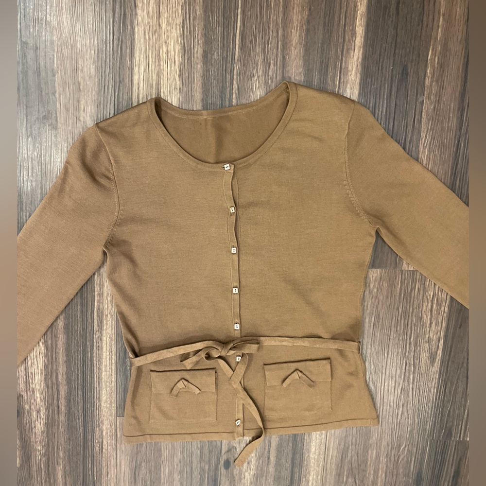 Silk Brown Button-Up Women's cardigan with tie waist - Picture 12 of 16